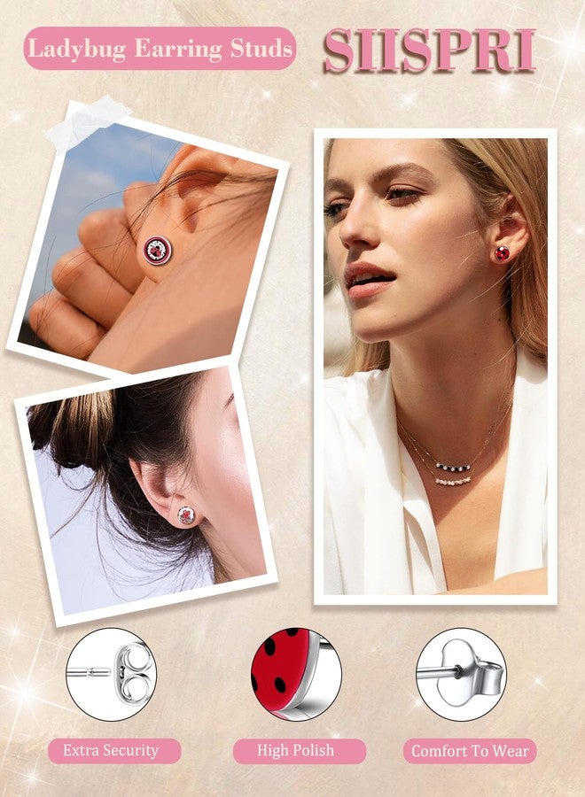 SIISPRI 6Pairs Ladybug Women Earrings Set Cute Bug Little Ladybird Earrings Round Circle Button Stud Post Earrings 10MM (Silver) - Image 2